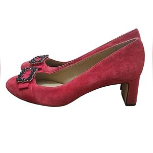 Talbots Red Suede Pumps 8M Jeweled Buckle Block Heel Holiday Party Shoes